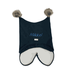 Lue m/dusker og navn/tekst navy