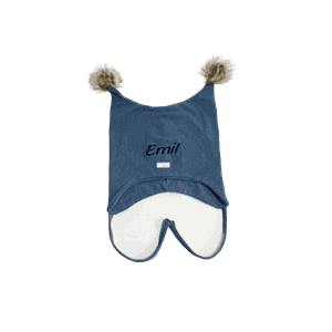 Lue m/dusker blå med navn/tekst